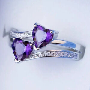 💞925 Silver Plated Purple Double Heart-Shaped CZ Ring, MLNN1215